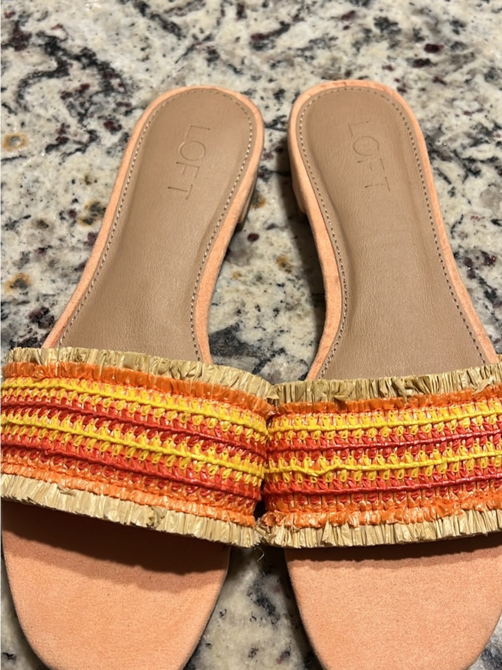 LOFT Orange and Yellow Raffia Slide Mules